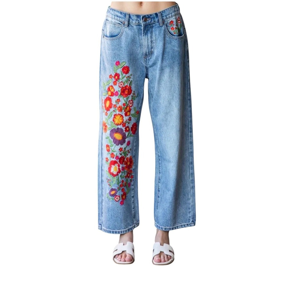 Oli & Hali Rachelle Washed Flower Jeans Floral Embroidered Women Size S Blue